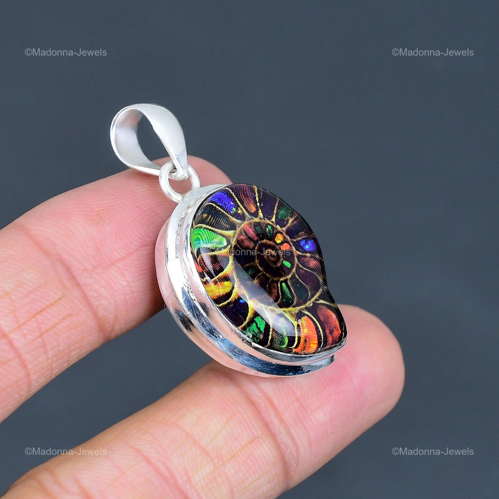 Halloween Sale 925 Sterling Silver Natural Multi Shade Ammonite Fossil Pendant