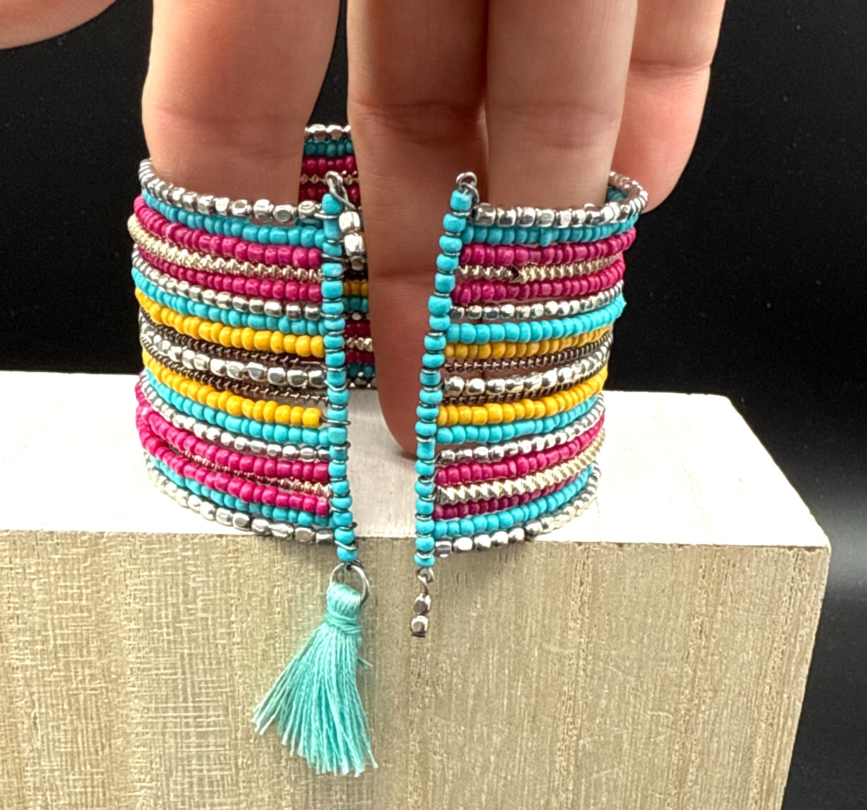 Handmade Bracelet 6.5″ Adjustable Aqua Red Yellow Seed Bead Woven Boho Wide Cuff