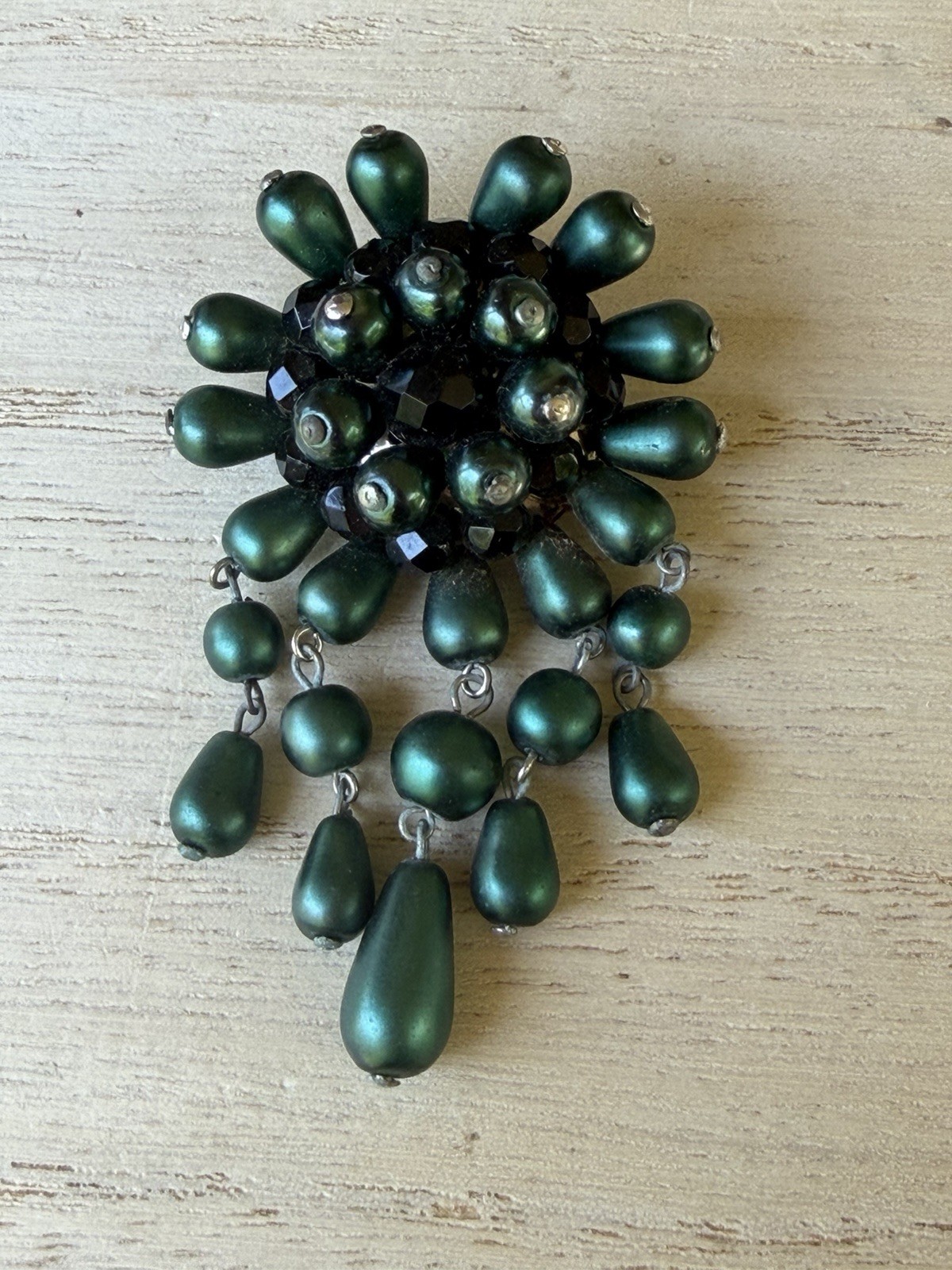 VTG 50/60’s Pine Green Pear Shaped and Black Bead Brooch