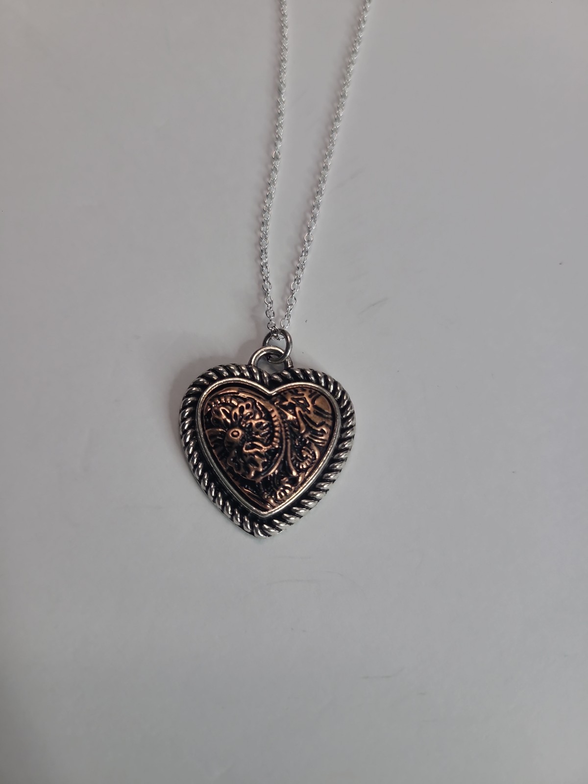 Western Heart Pendant Necklace Silver Tone Copper Floral Scroll Country Jewelry