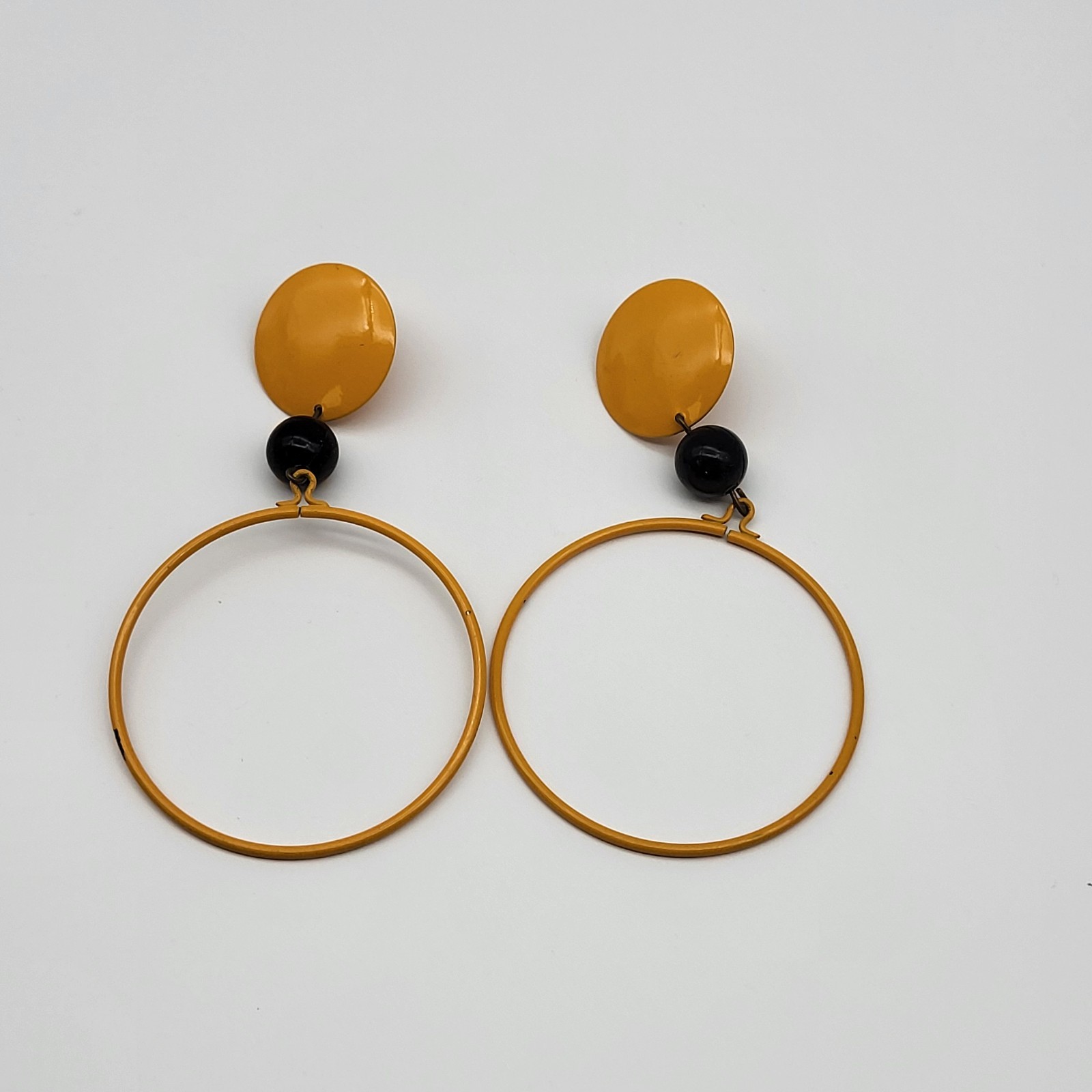 Fabulous Vintage Mustard Yellow Enamel Disco Hippie Earrings Large Hoops Bold