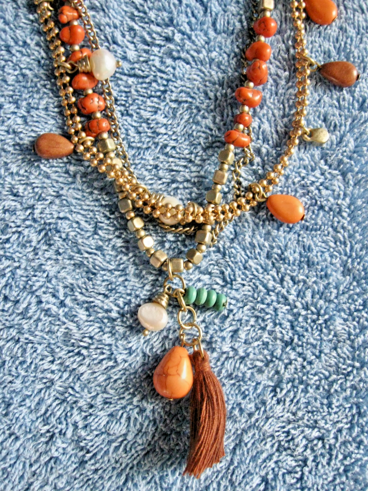 “T” Logo FLOATING 3 STRAND Orange Turquoise Beaded Necklace; Chain; Cord Lobster