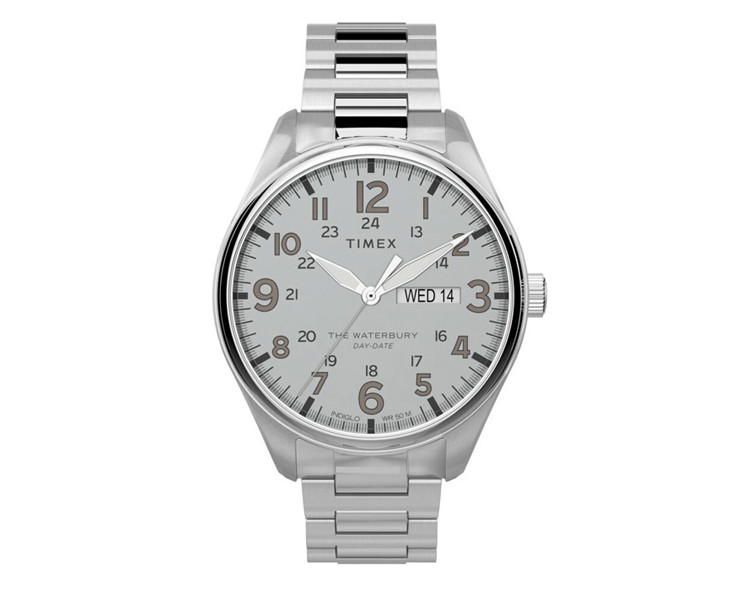 Timex Waterbury TW2T70800 Silver Day Date Stainless Steel Men’s Watch 42mm 50M