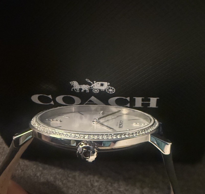 COACH Audrey Silver 36mm White Dial w/Crystals & Black Band Quartz Lady’s Watch