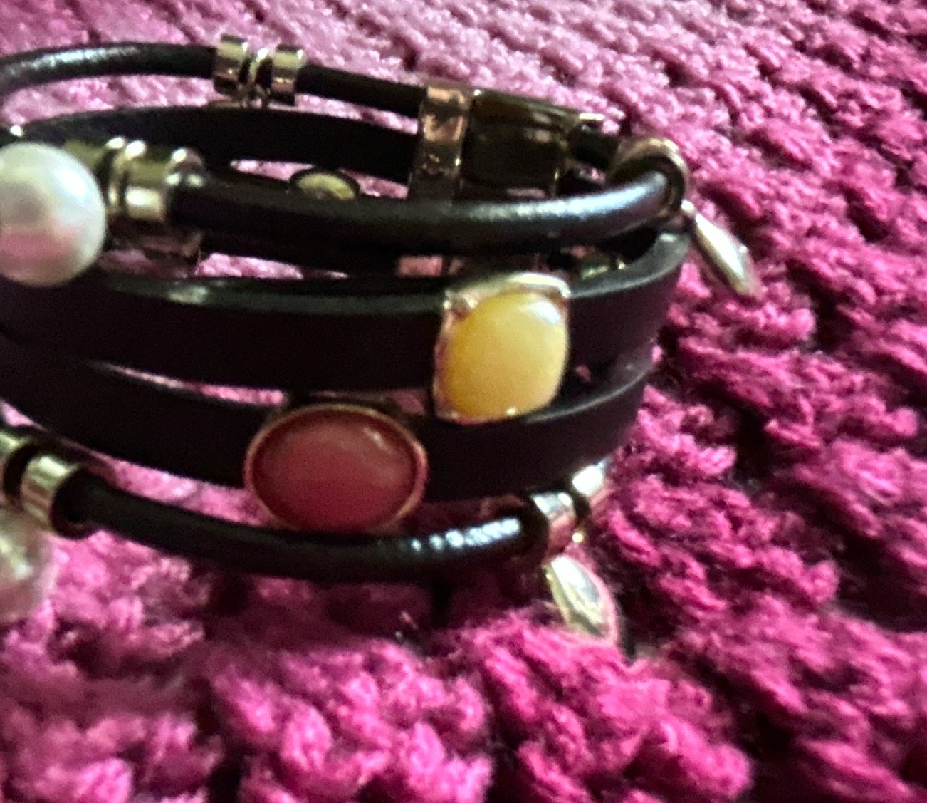Multi-Strand Leather Cord Glass Bead Charm Bracelet, Brown/Multicolor