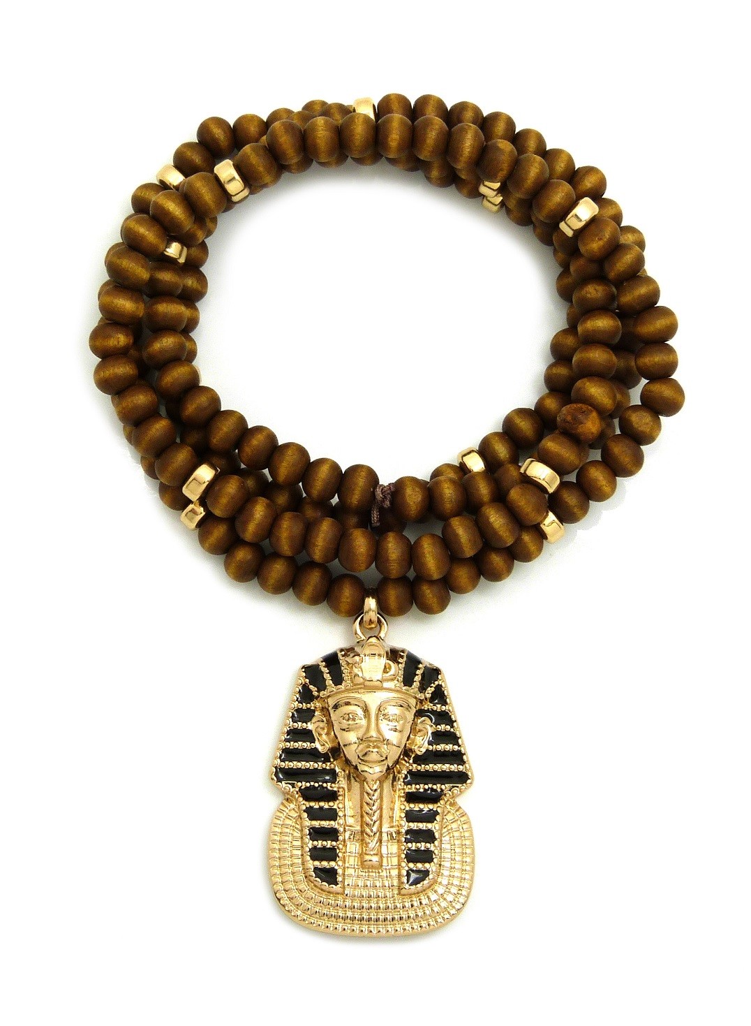Egyptian Pharaoh King Tut Pendant 6mm 30″ Wooden Bead Hip Hop Necklace