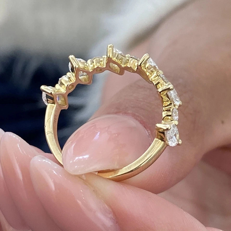 Round & Marquise Cut 0.75 Ct 14k Yellow Gold Diamond Band Lab Grown VVS E F CVD