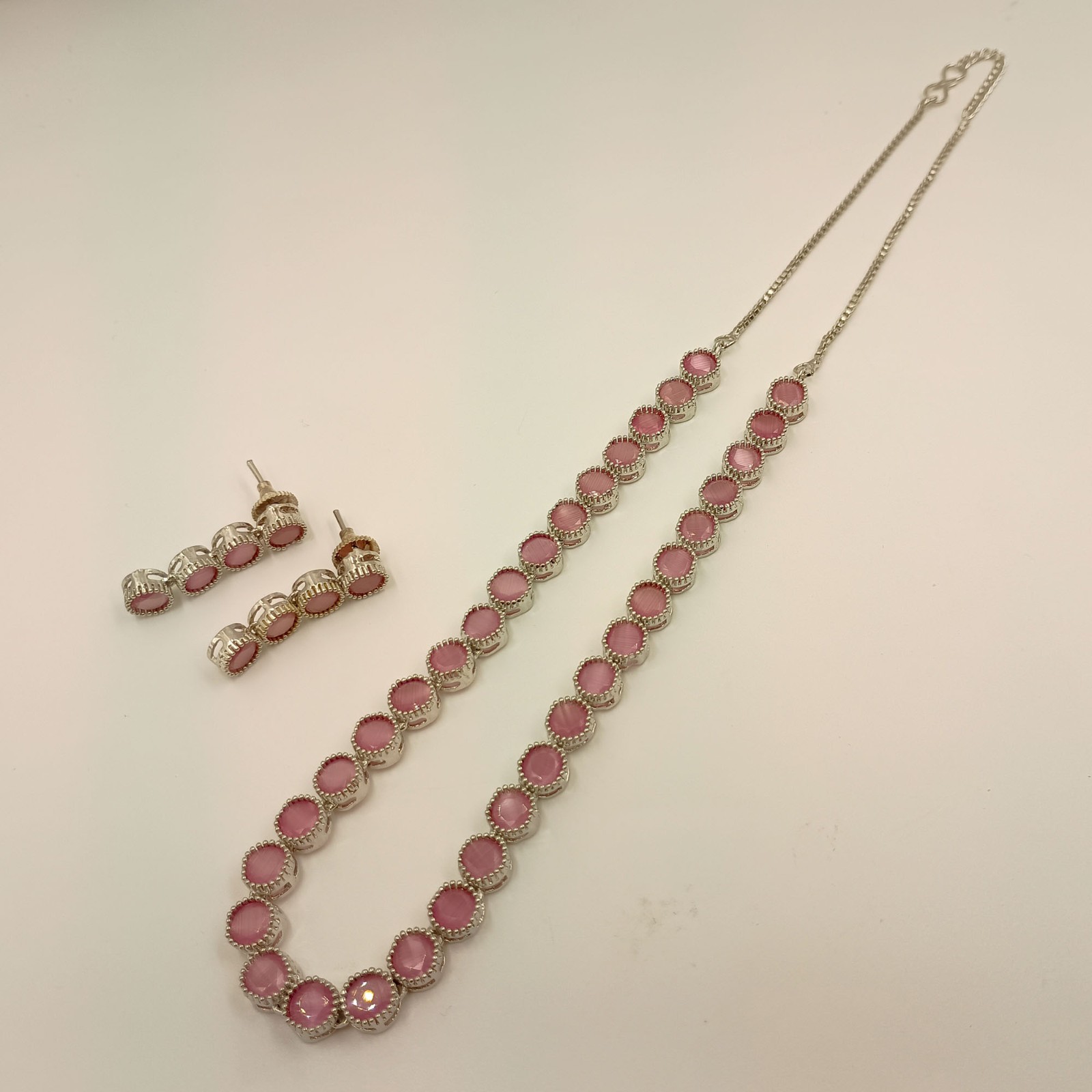 Rose Quartz Round Stone South Indian Necklace Set 22K Gold Plated Ethnic Jewelry