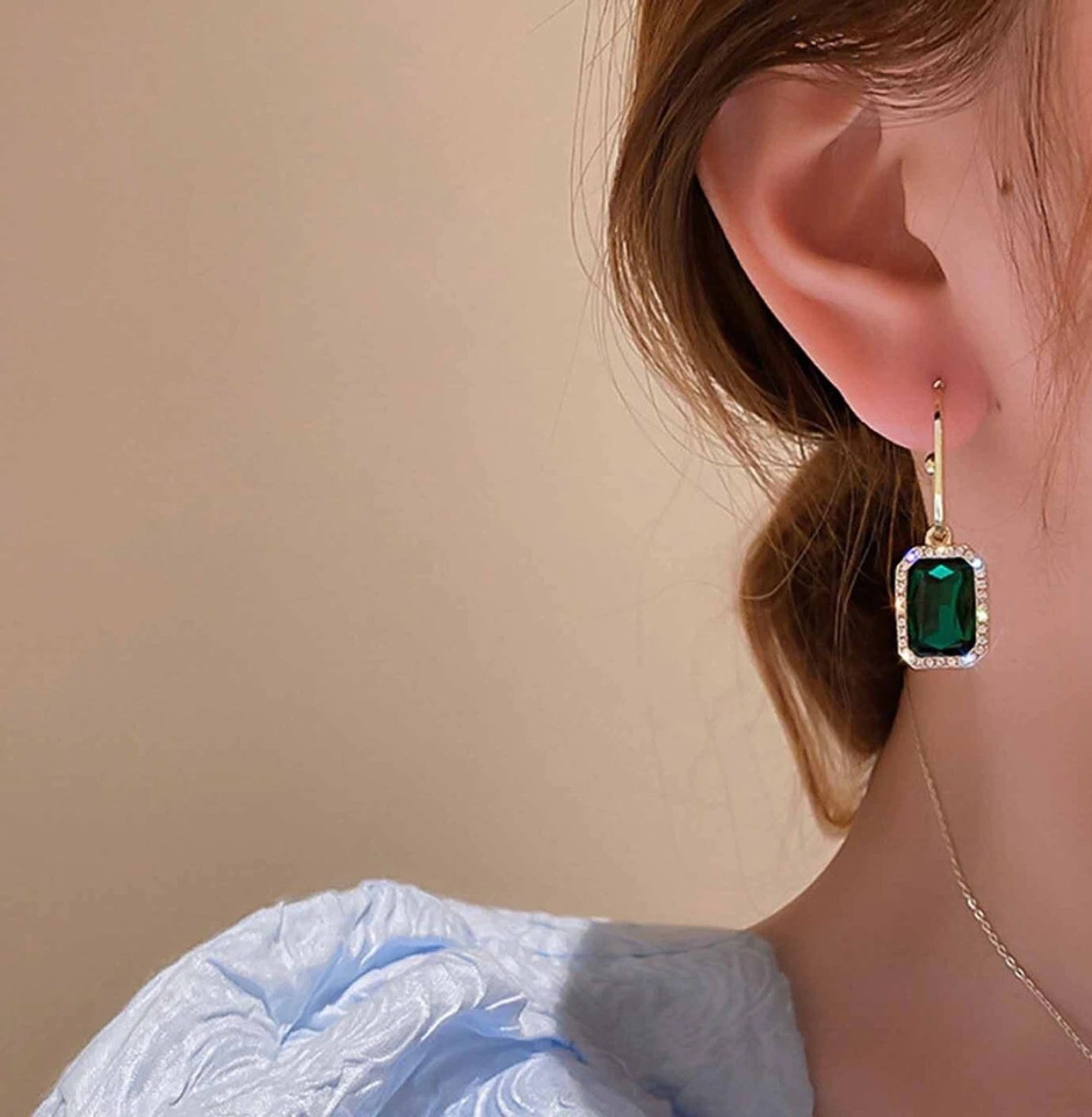 Art Deco Emerald Brass Hoop Earrings, Lab Created Gemstone, Women Girls WEDDING