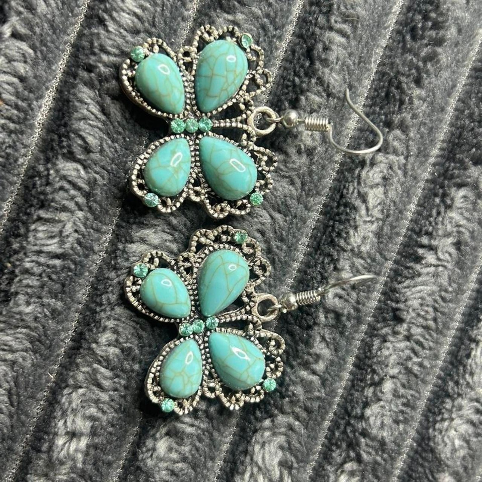 Western Faux Turquoise Butterfly Dangle Earrings Silver Filigree Teal