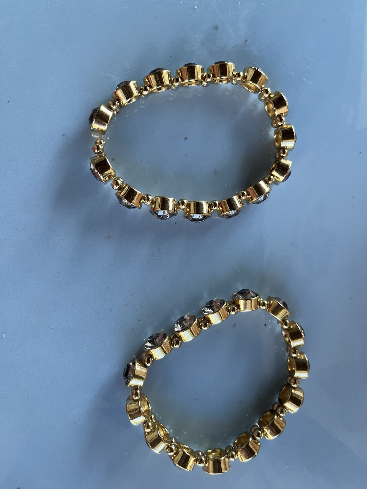 Two Stretch Bracelet Beaded Smoke Clear Gold Tone 7” Ish