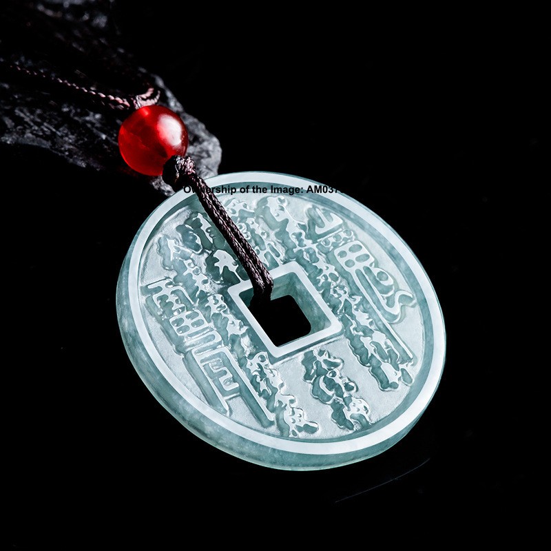 Natural Grade A Jade Jadeite Blue Green Pot Coin-Shaped Keep Safe Pendant