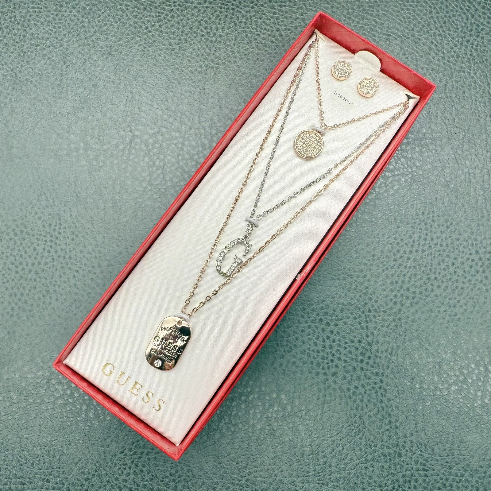 Guess Necklace Earring Set Womens Crystal Layered Pendant Jewelry New Gift Boxed