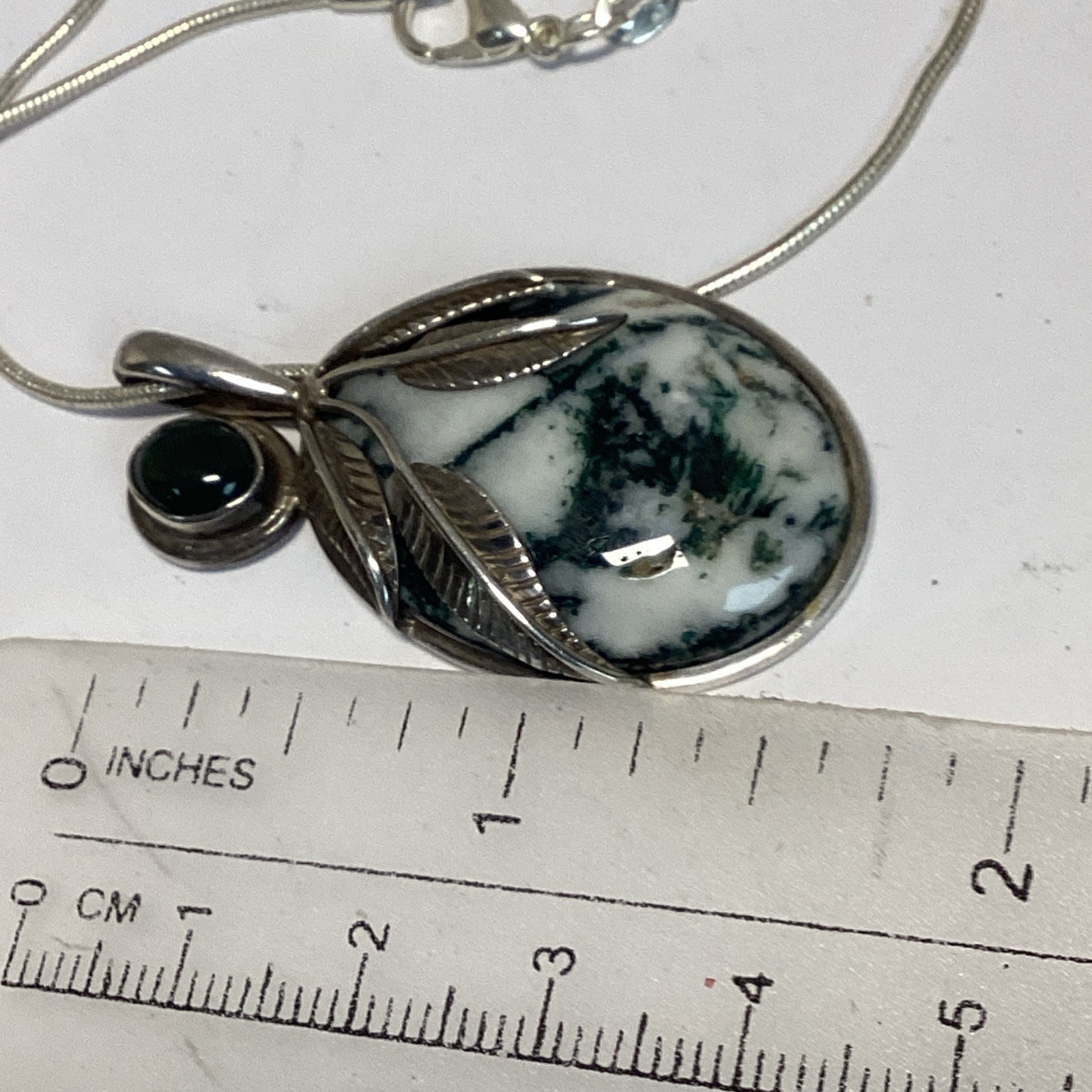 Sajen Pendant Sterling Silver Tree Agate & Jade On Snake Chain