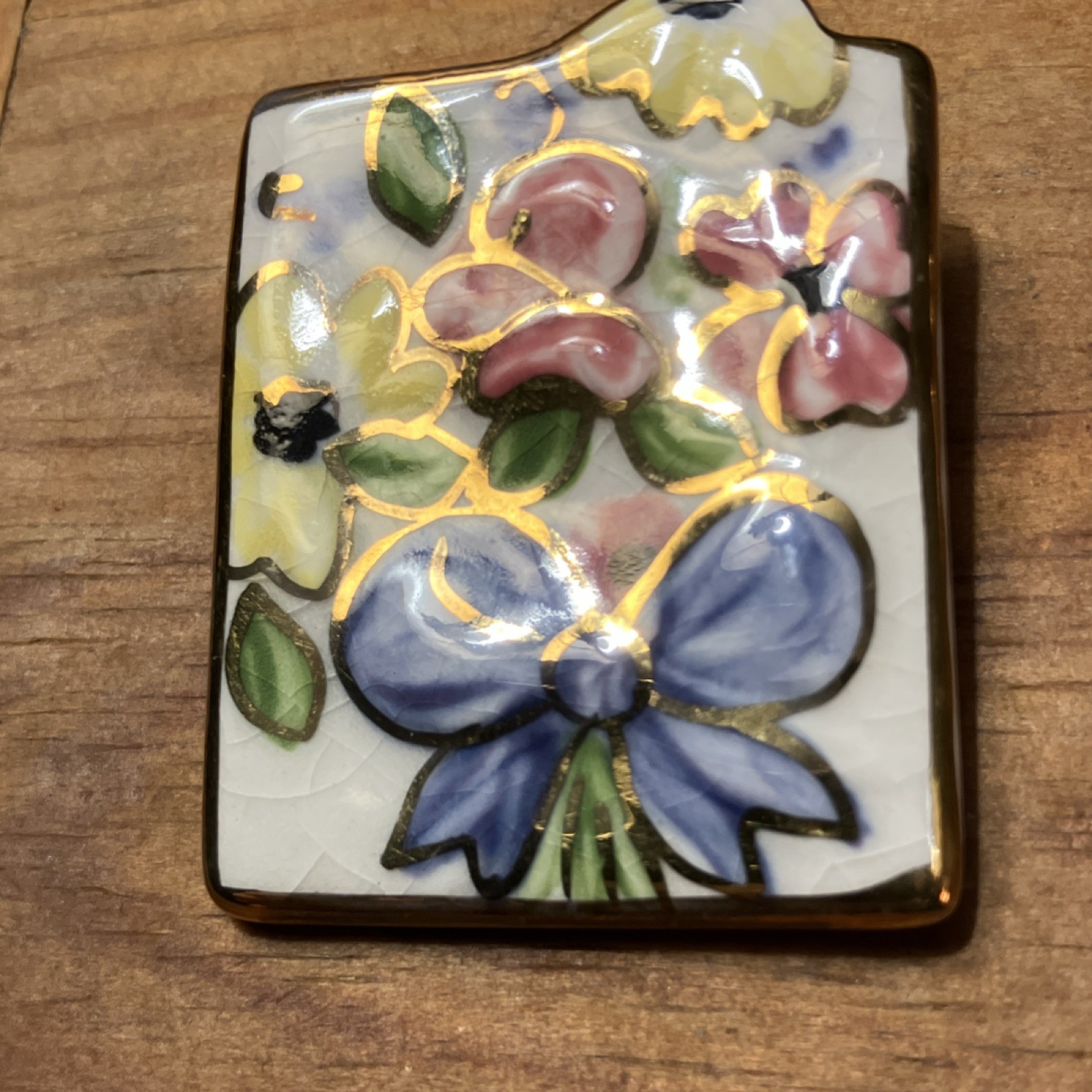 Handcrafted Multicolor Ceramic Enamel Floral Rectangle Brooch Pin, No Stone