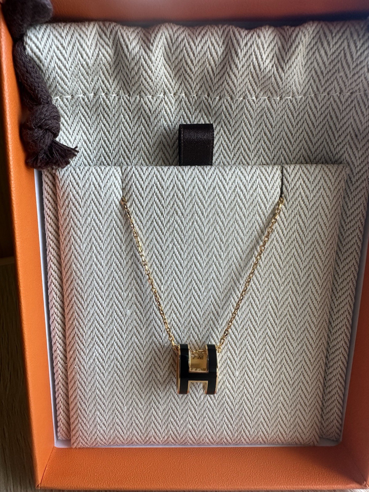 Hermès H Letter Pendant Necklace Yellow Gold Cable Chain, No Stone