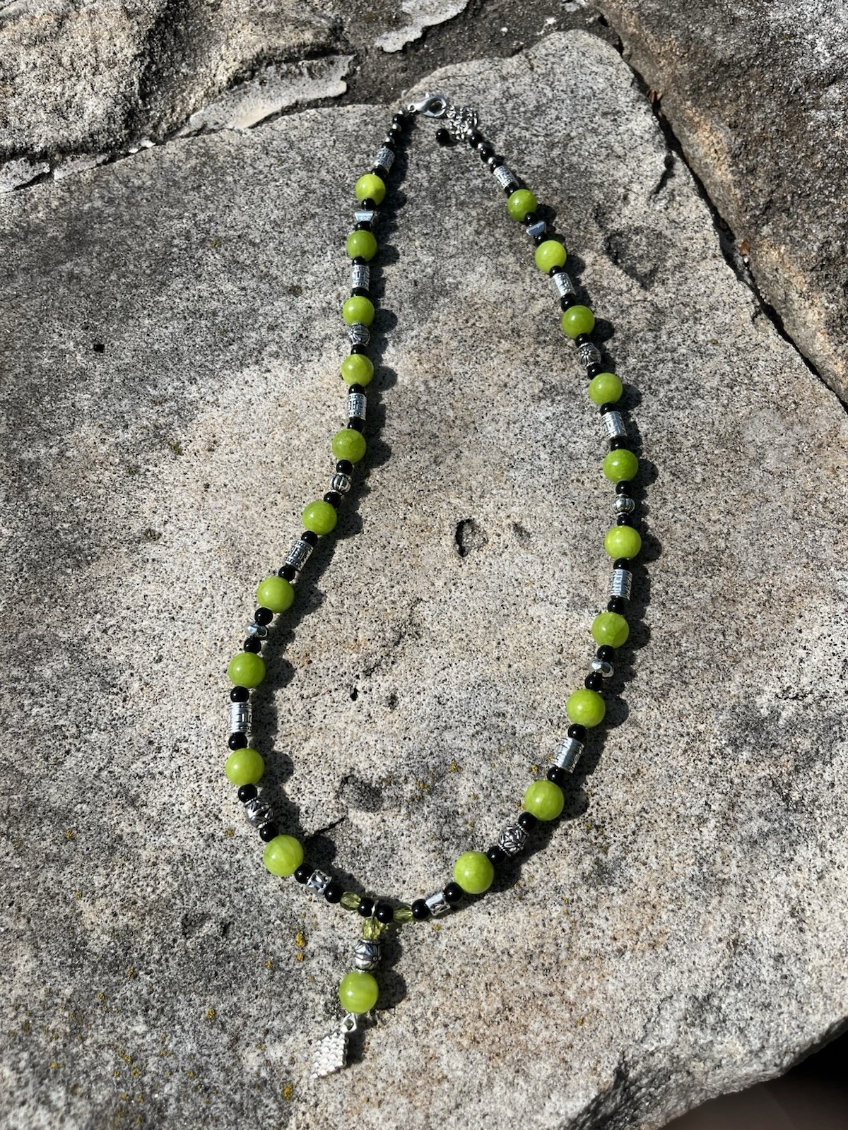 Genuine Lime Green Jade, Black Glass, Silver Accent Drop Necklace Handcrafted