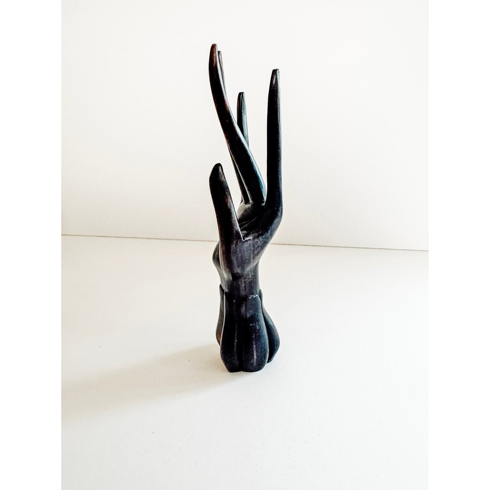 Vintage Hand Carved Wood Jewelry Display Stand Ring Holder Dark Brown 8 Inch