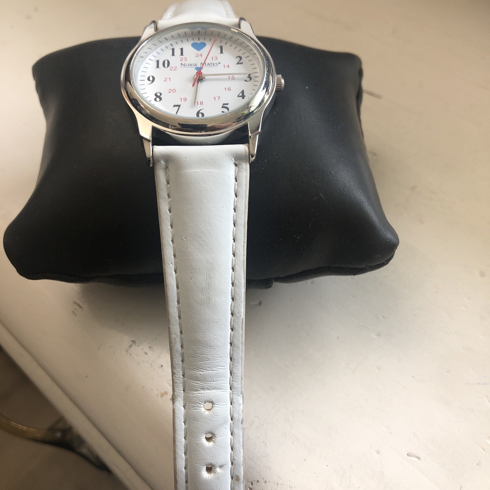 Nurse Mates Watch Women New Battery Silver Tone White Band 32mm White 24hr Dial