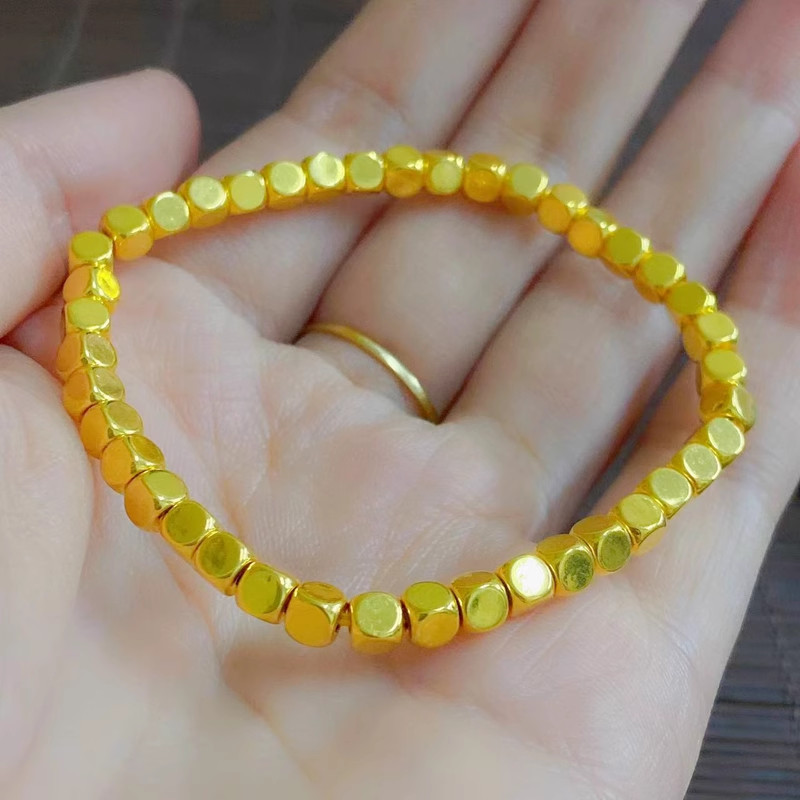 Pure 999 24K Yellow Gold Men Women Lucky 3D 4mm Square Beads Bracelet