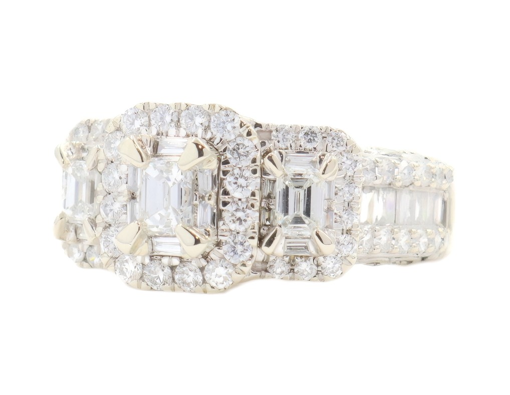 2.65 ctw Emerald, Baguette, & Round Double Halo 14KT White Gold Engagement Ring