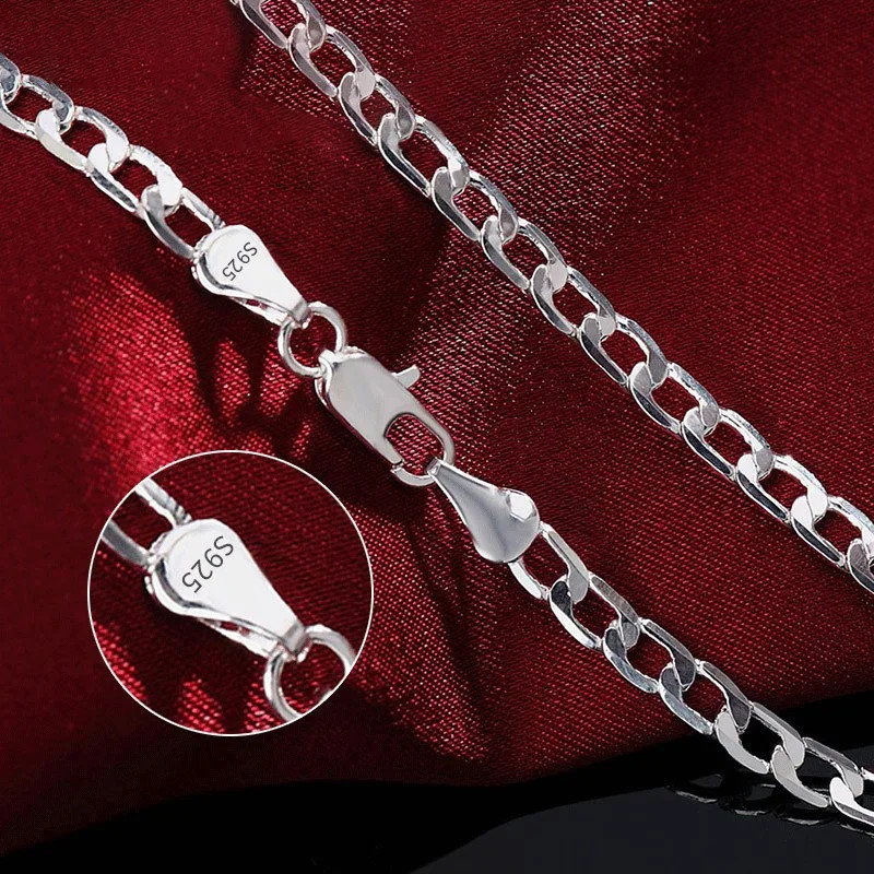 Silver Curb Chain Necklace Men Women Link Face Chains Lobster Clasp Gift Jewelry