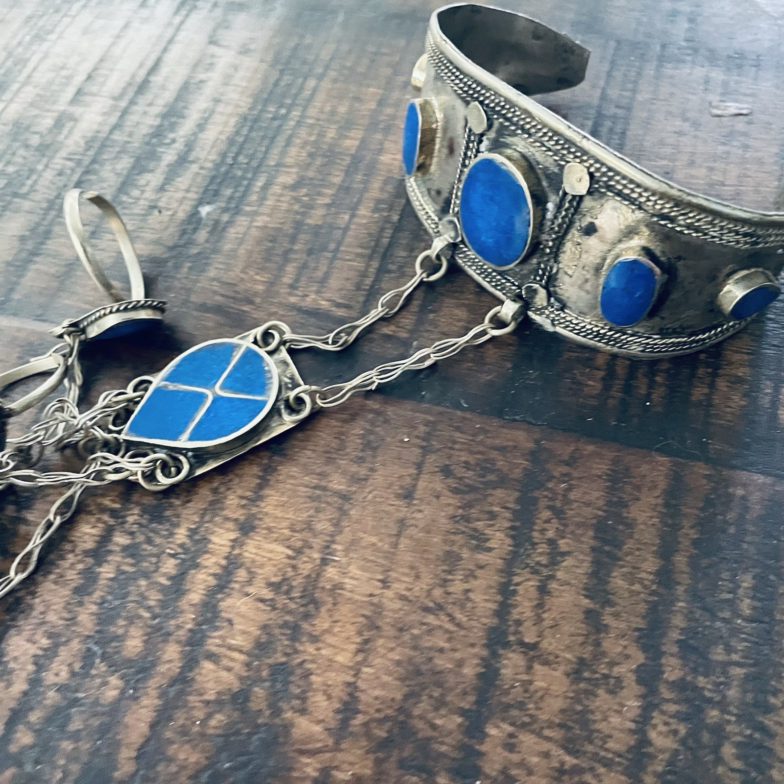 * Vintage Afghan Kuchi Lapis Lazuli Slave Bracelet 5 Finger Ring Panja Cuff 926