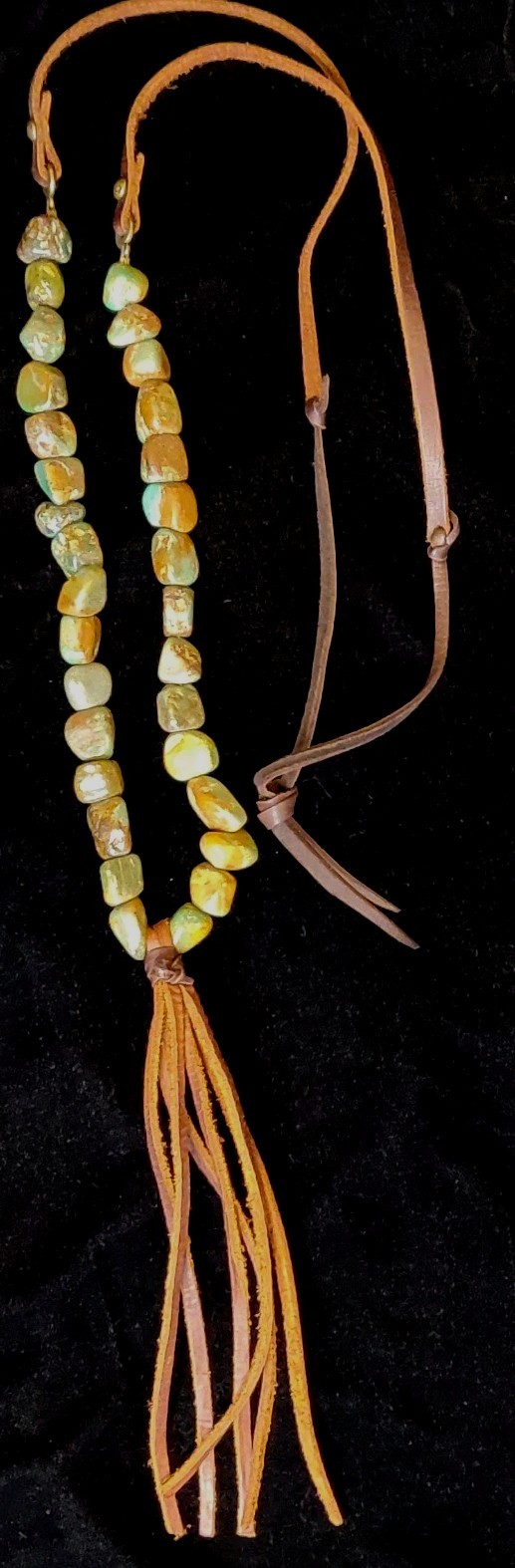 Stone Nugget Necklace Blue Green Brown Matrix Leather Tassel Rustic Boho Long
