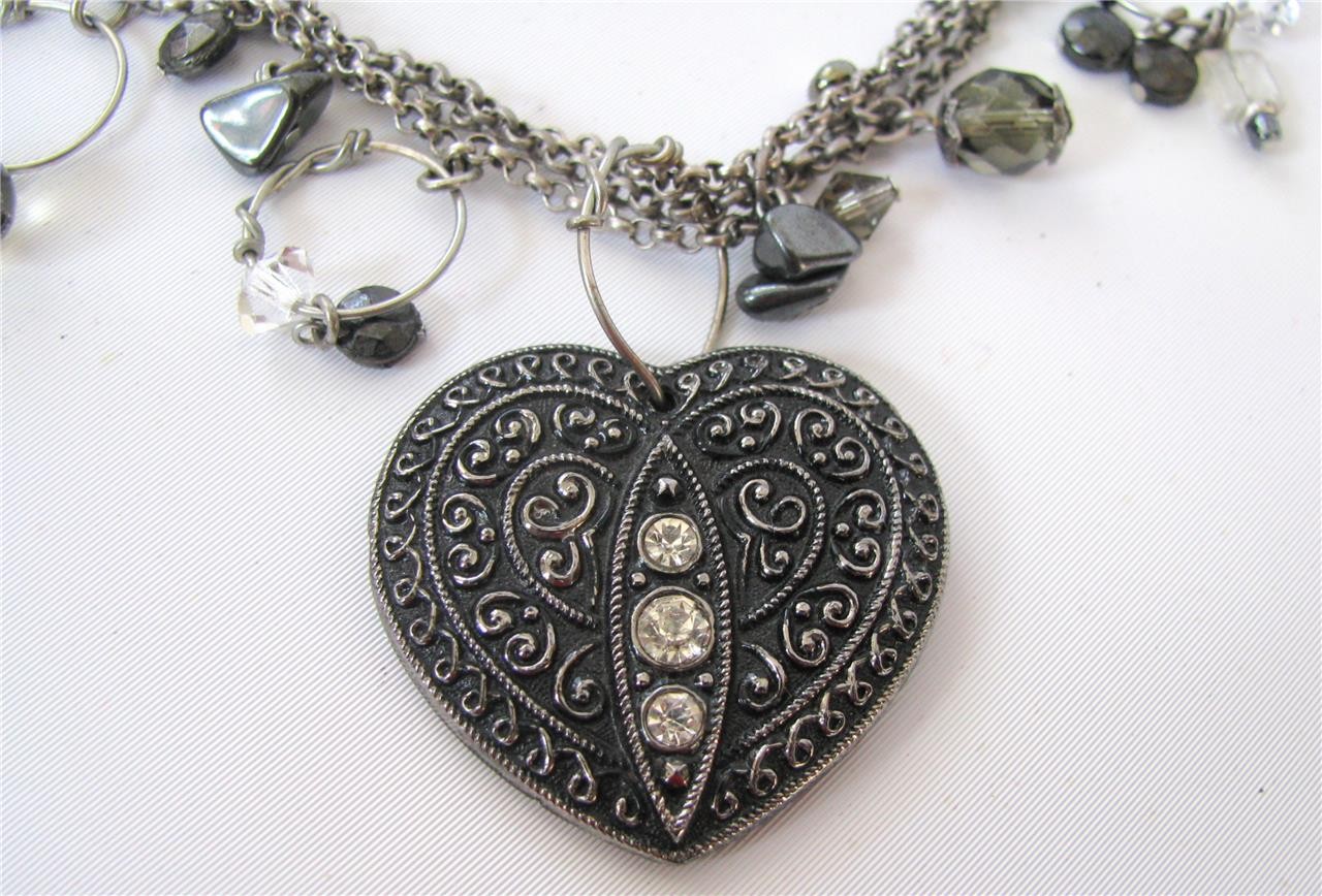 Vtg Silver 3 Chain Station Pendant Necklace Black Czech glass Heart signed 18″
