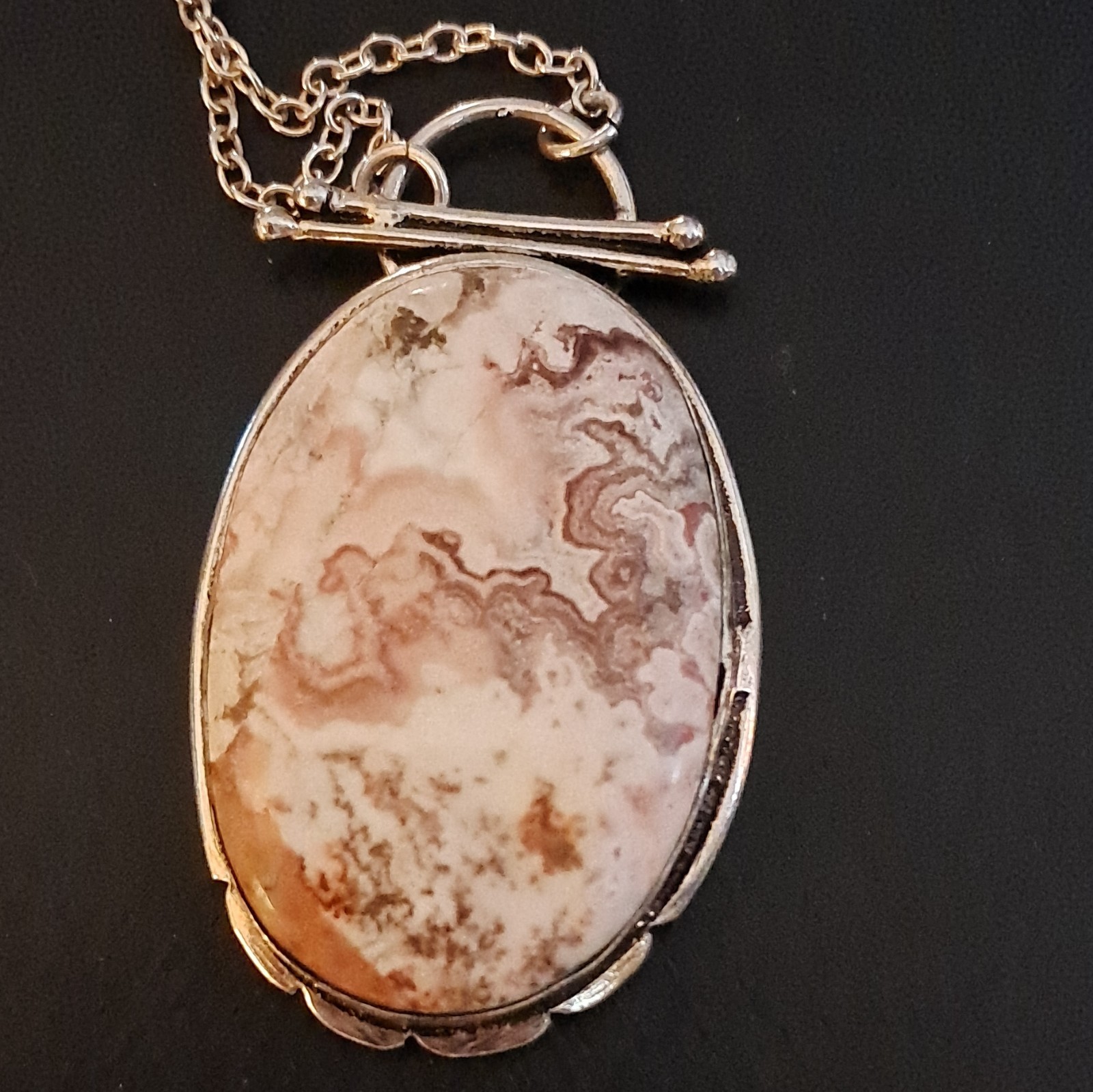 925 Sterling Oval Crazy Lace Agate Pendant Necklace, Cable Chain, Hook Closure