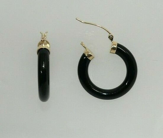 Black Onyx 4.5 x 25.0 mm Hoop Earrings 14k Yellow Gold