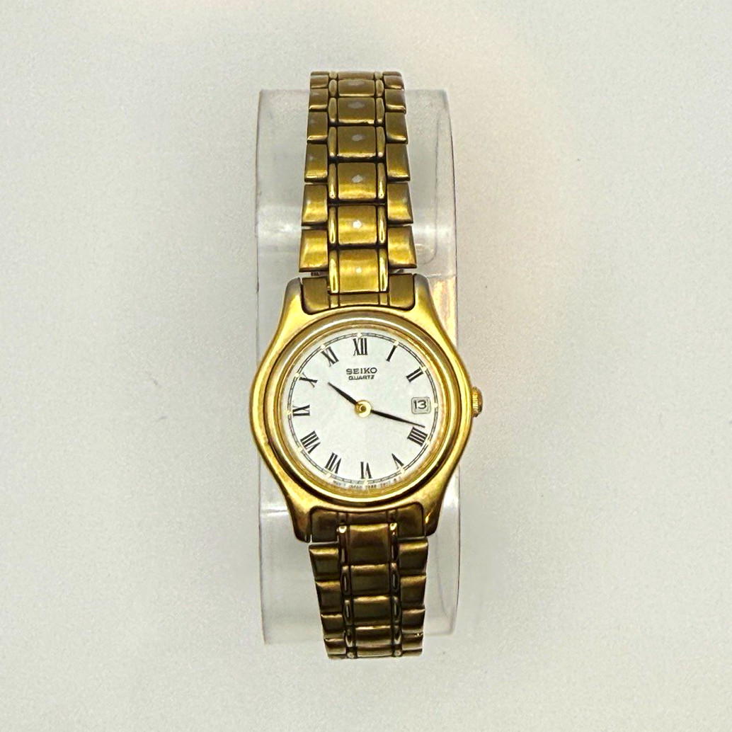 Seiko Quartz Women’s Vintage 1980s Gold-Tone Bracelet Watch White Roman Date
