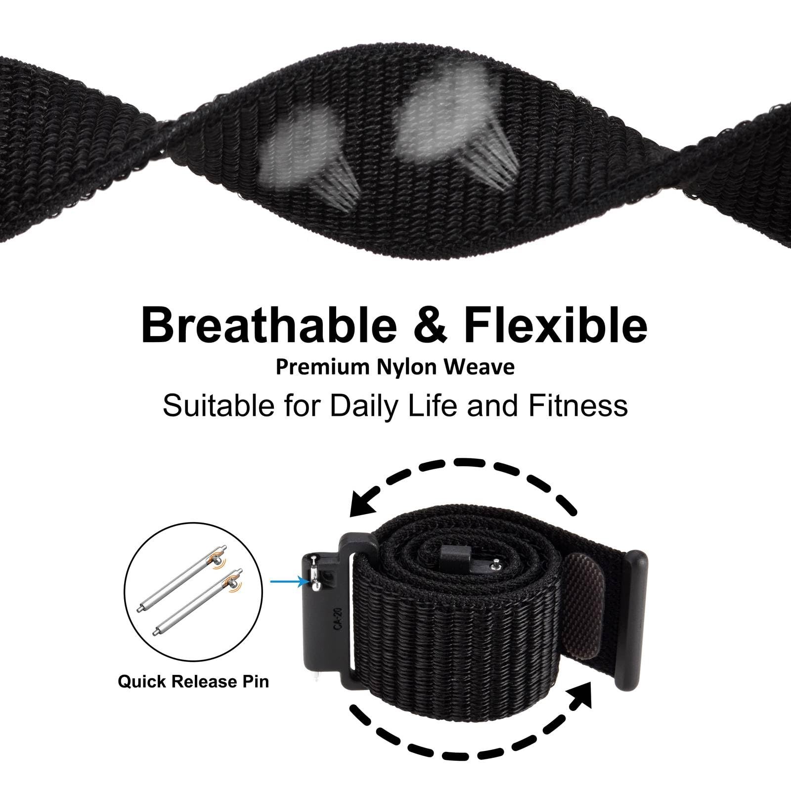 WOCCI 20mm Adjustable Nylon Watch Band, Quick Release Sport Loop Strap Black