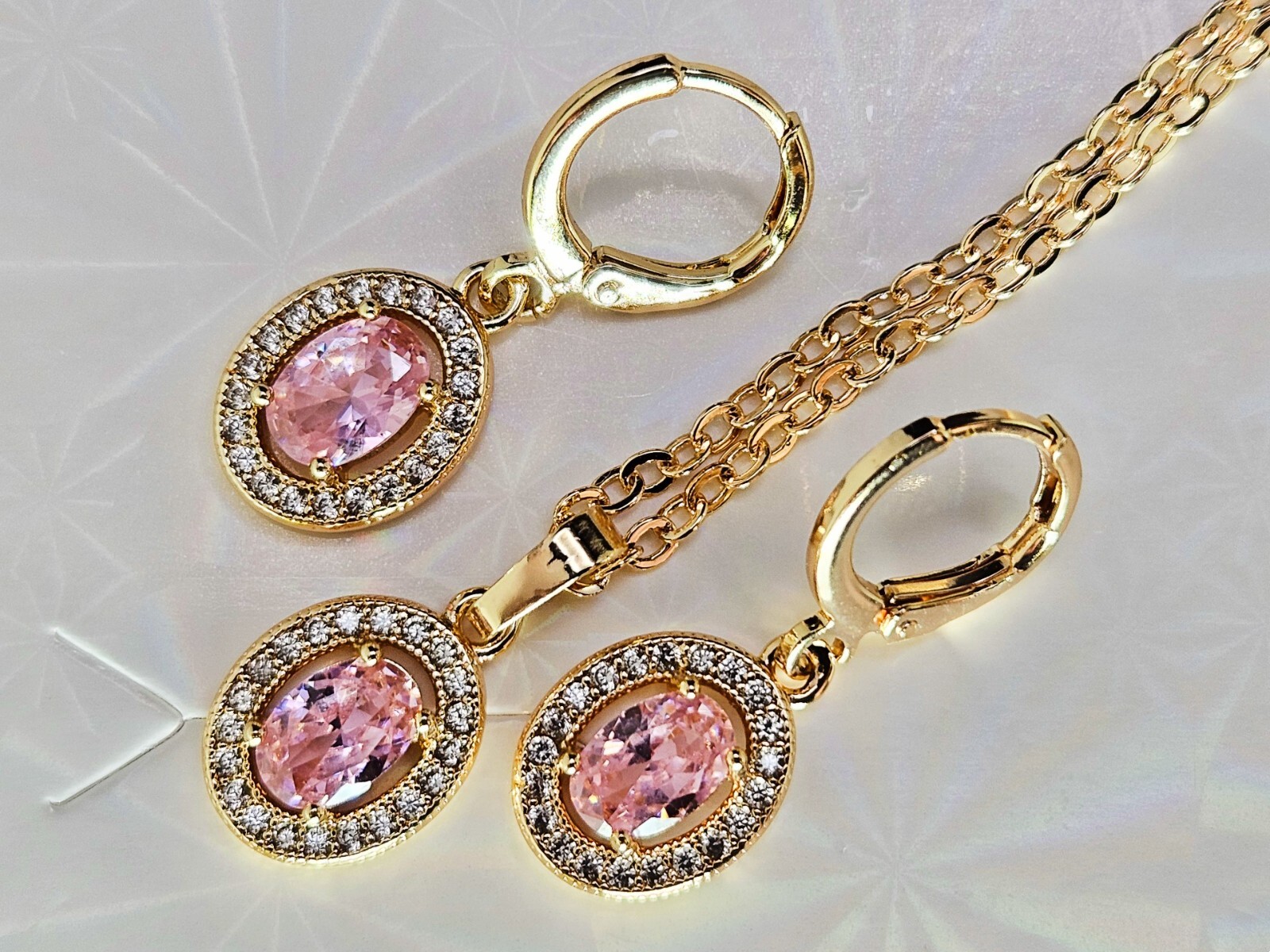 Necklace and Earring set 3 piece 18K Gold with Pink and White Cubic Zirconias