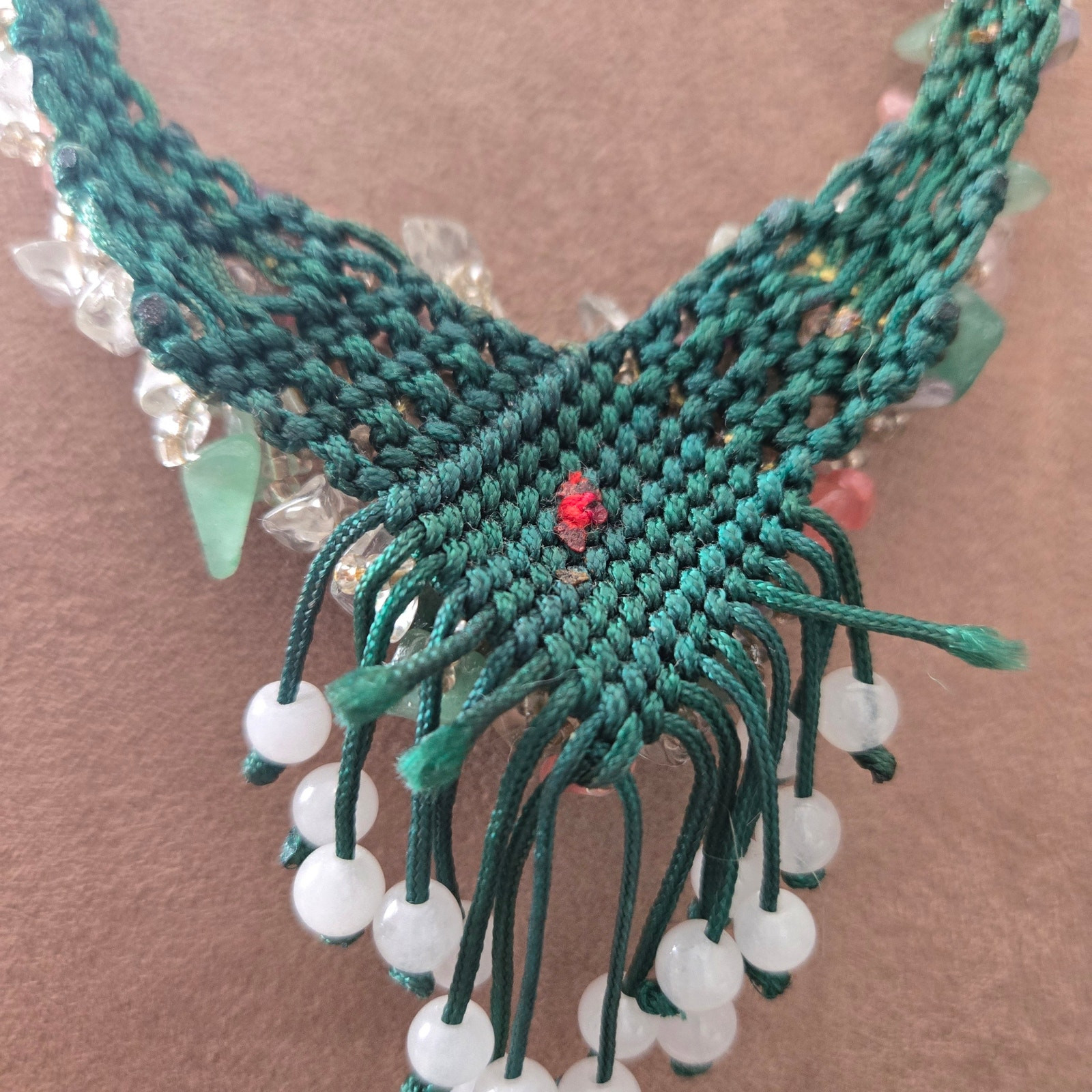 Vintage Semi- Precious-stones Floral Beaded Green Macrame Adjustable Necklace