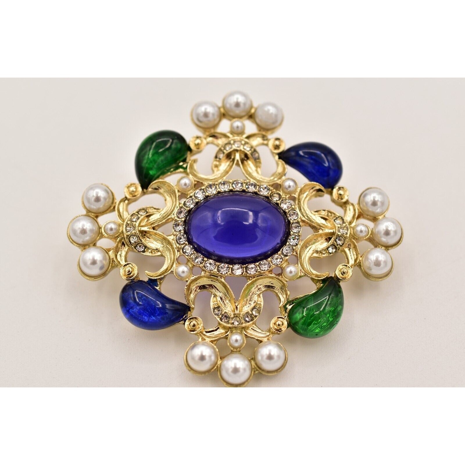 Vintage Cabochon Brooch Pin Faux Pearl White Blue Green Gold Chunky 1990s BinBG