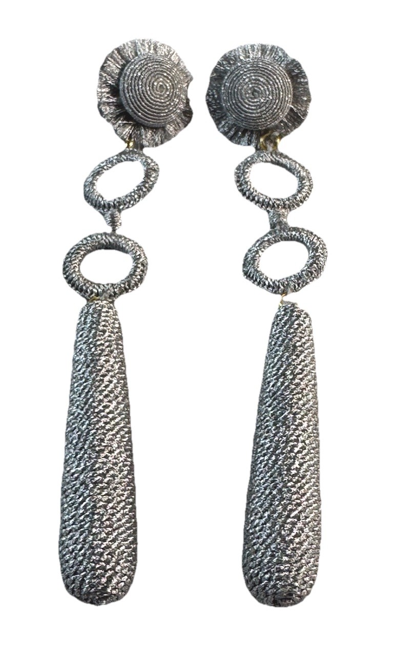 LEYLA GANS Amelie Wrapped Cord Drop Earrings ~ Metallic Silvertone cord~ Pierced