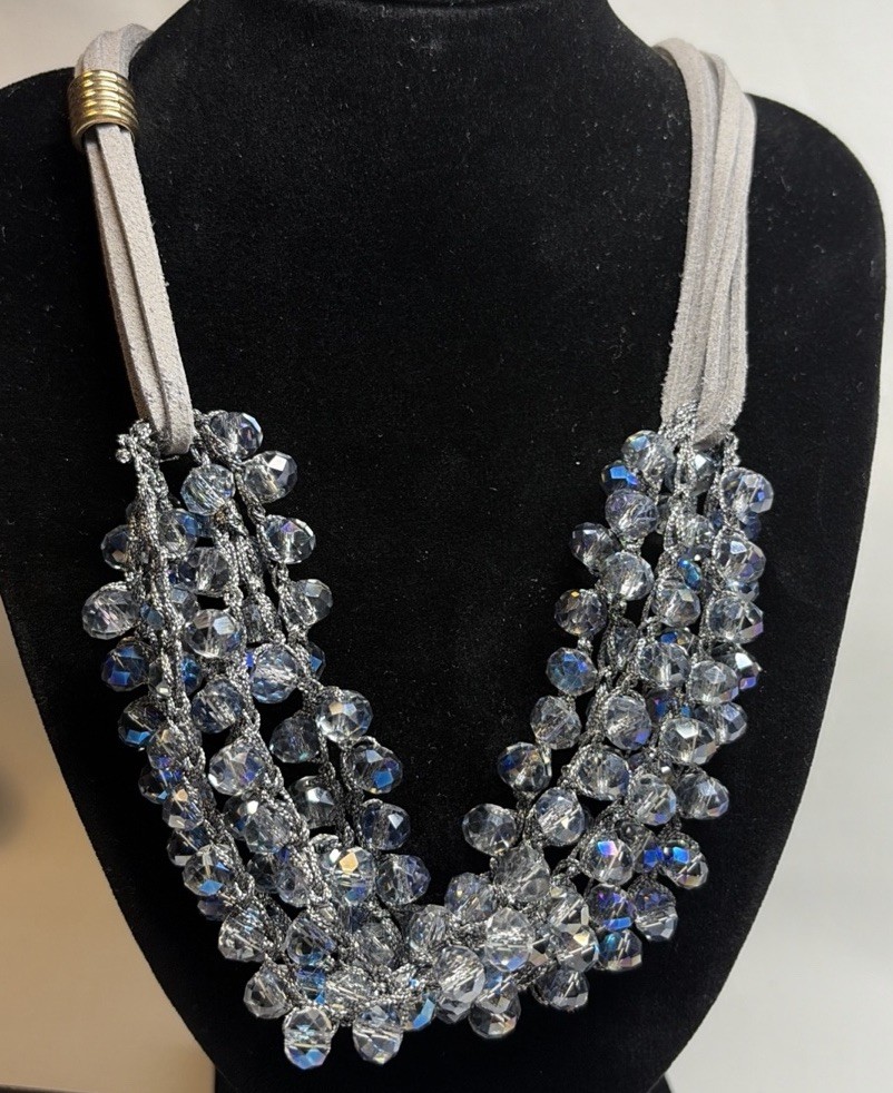 Generic Multi-Strand Blue Crystal Rondelle Beaded Statement Necklace Silver Tone