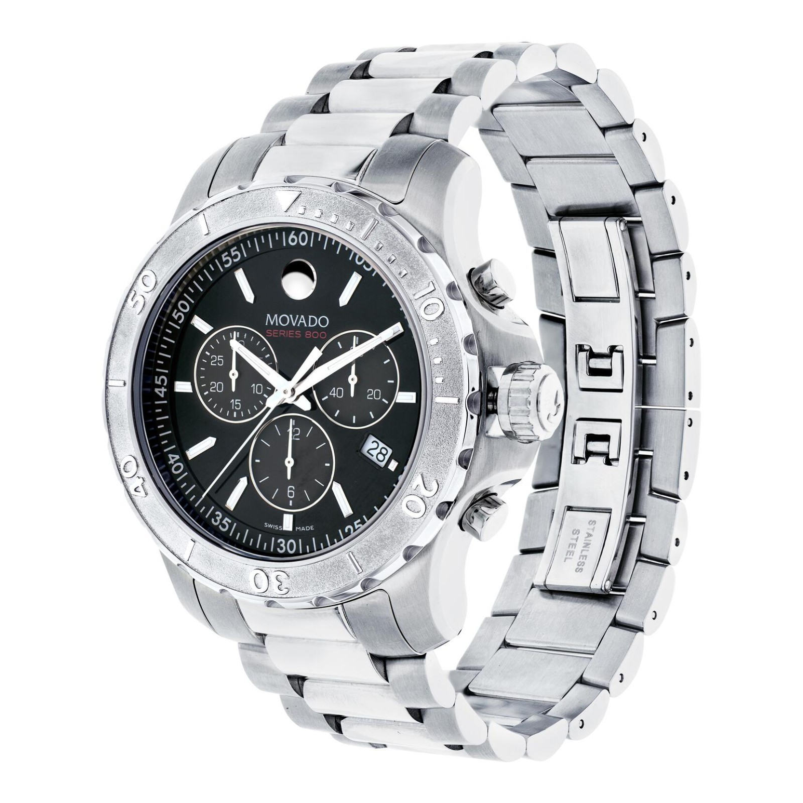 Movado Series 800 Black Dial Silver Bezel SS Chronograph Watch – Model # 2600110