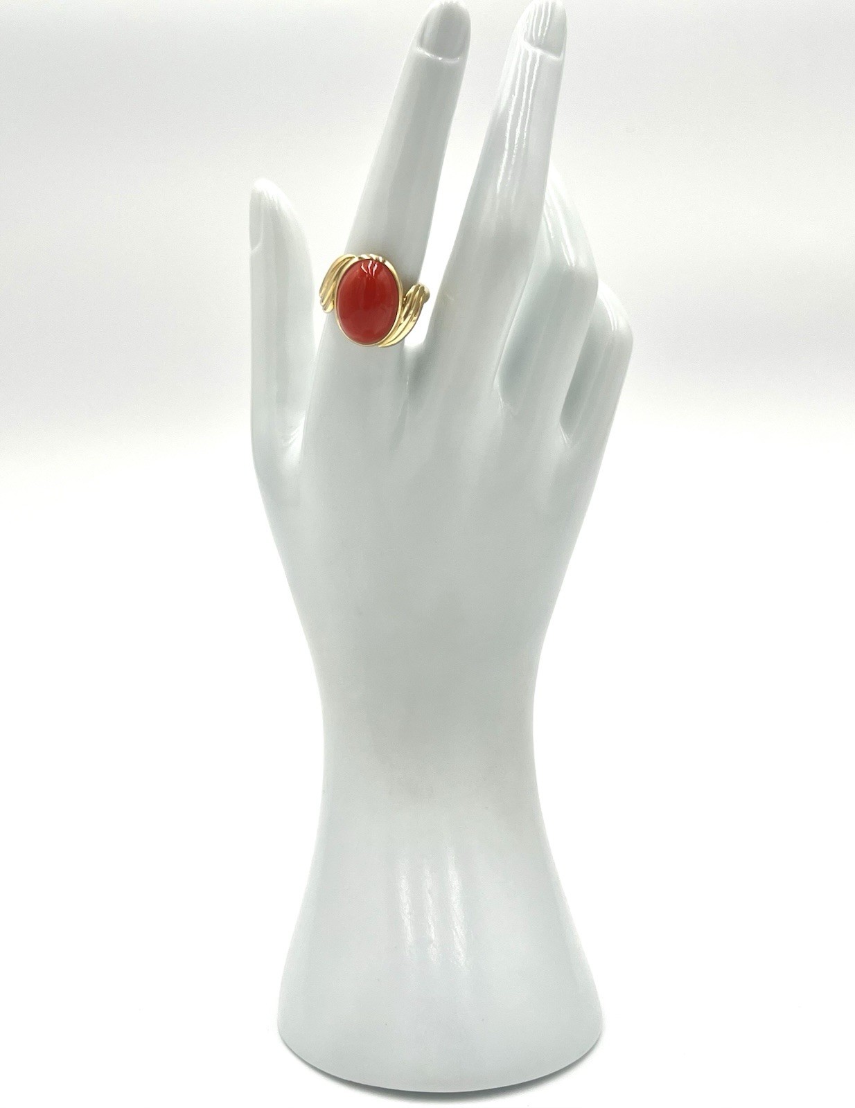 18Kt Gold Mediterranean Red Coral 16mm Cabochon Tower of the Greek Ring M+M