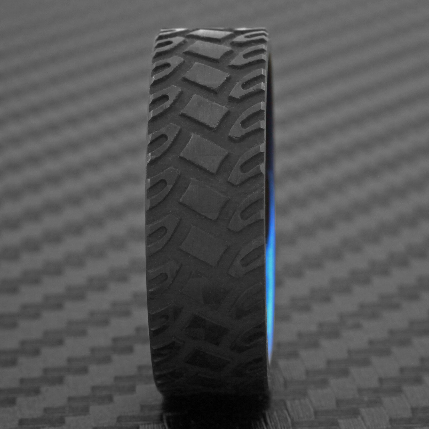 8mm Black Carbon Fiber Jeep Tire Track w/ Blue Tungsten Men’s Wedding Band Ring