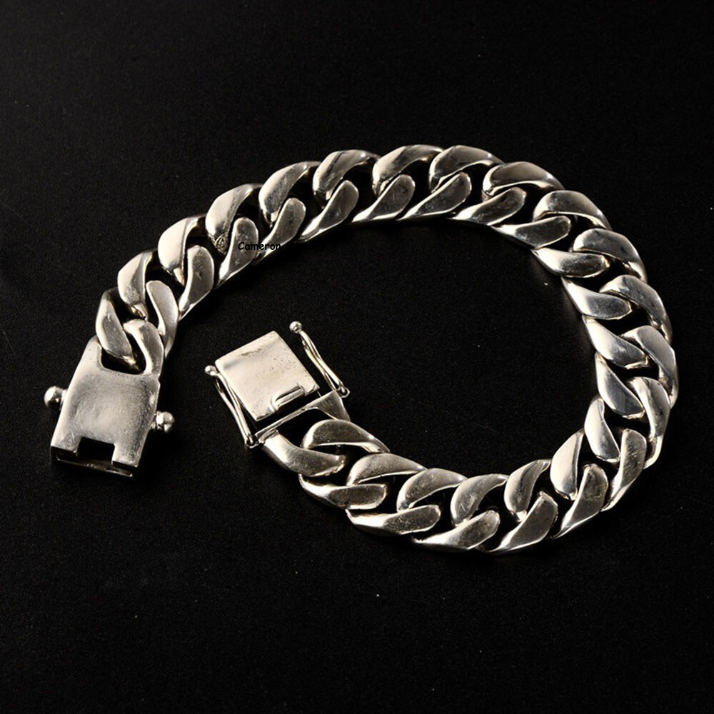 Real S925 Sterling Silver Chain Men 12mm Curb Cuban Link Bracelet 7.9-8.3inch