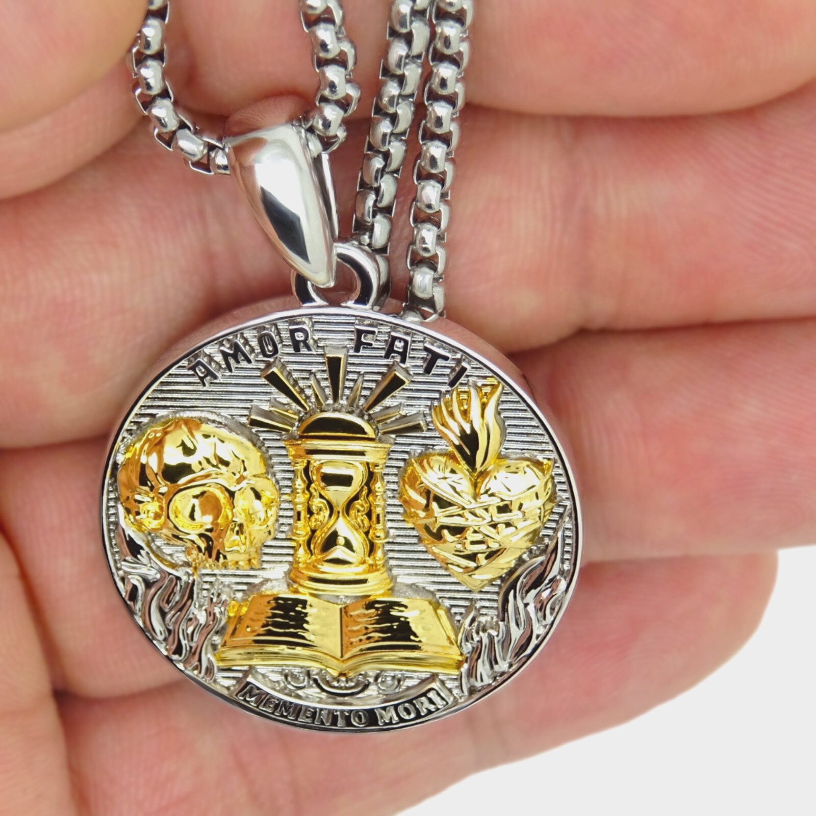 Stoic Medallion Brass Pendant Memento Mori Necklace Amor Fati Gold Plated