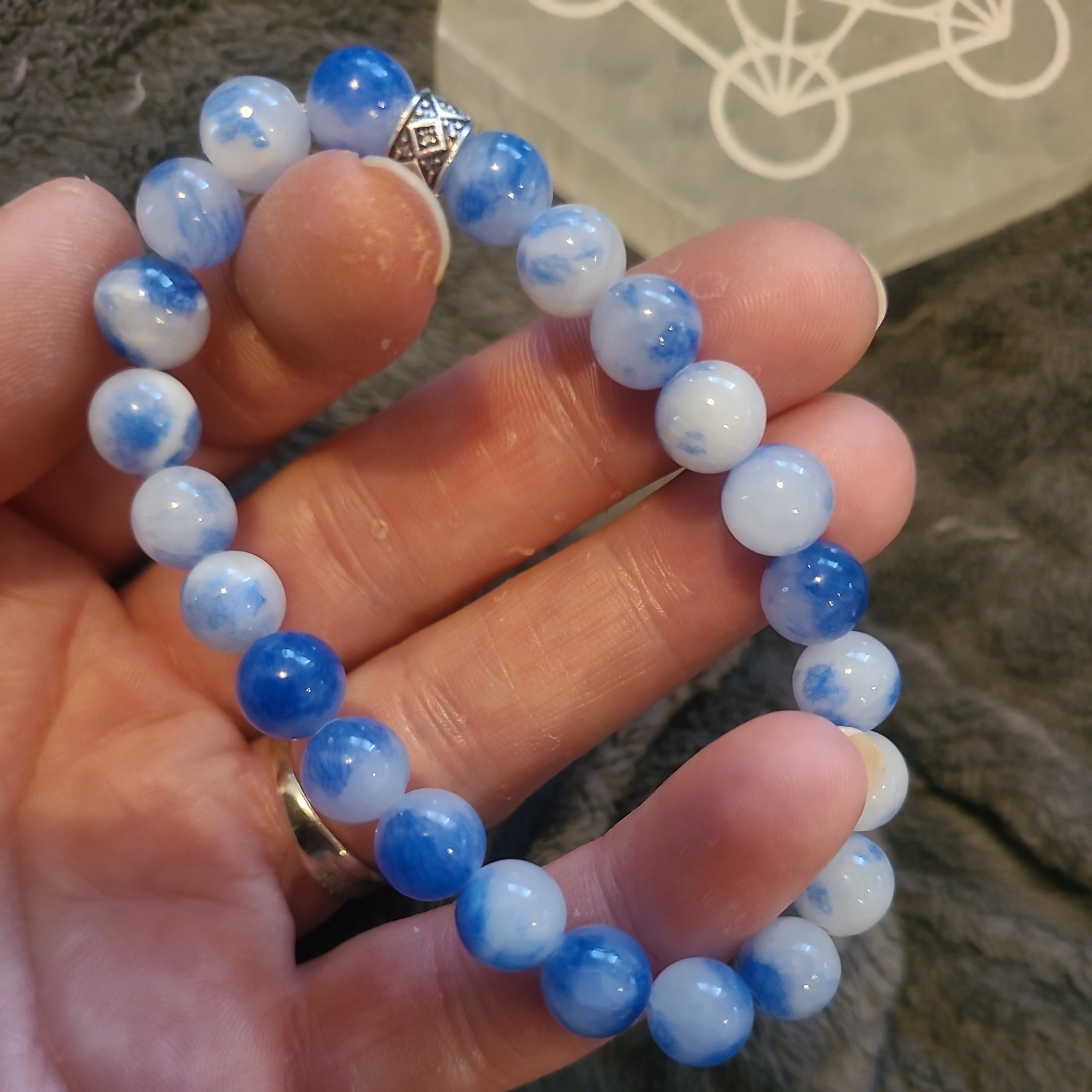 Natural Persian Chalcedony Gemstone Bracelet with Silver Spacer| 8mm Beads
