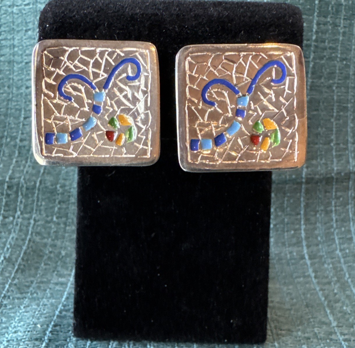 Vintage Spain Designer Joidart Sterling Silver Plated Enamel Gaudi Stud Earrings