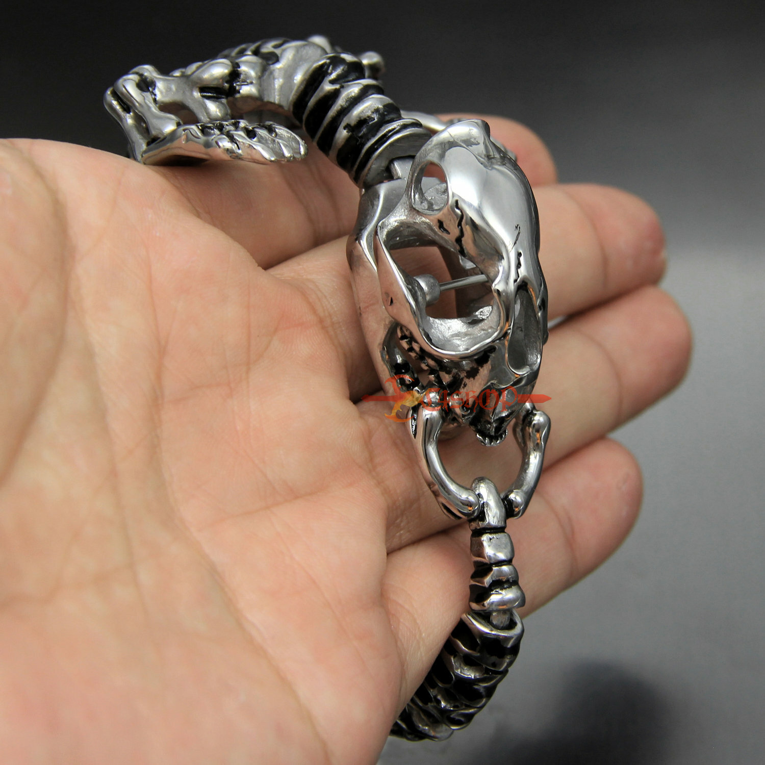 Mens Boys Punk Huge Heavy Dinosaur T Rex Skeleton Skull Stainless Steel Bracelet
