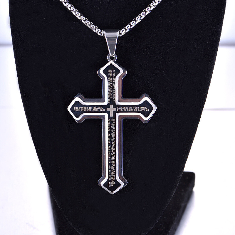 Mens Cross Necklace Silver Stainless Steel Lord’s Prayer Big Pendant Rolo Chain