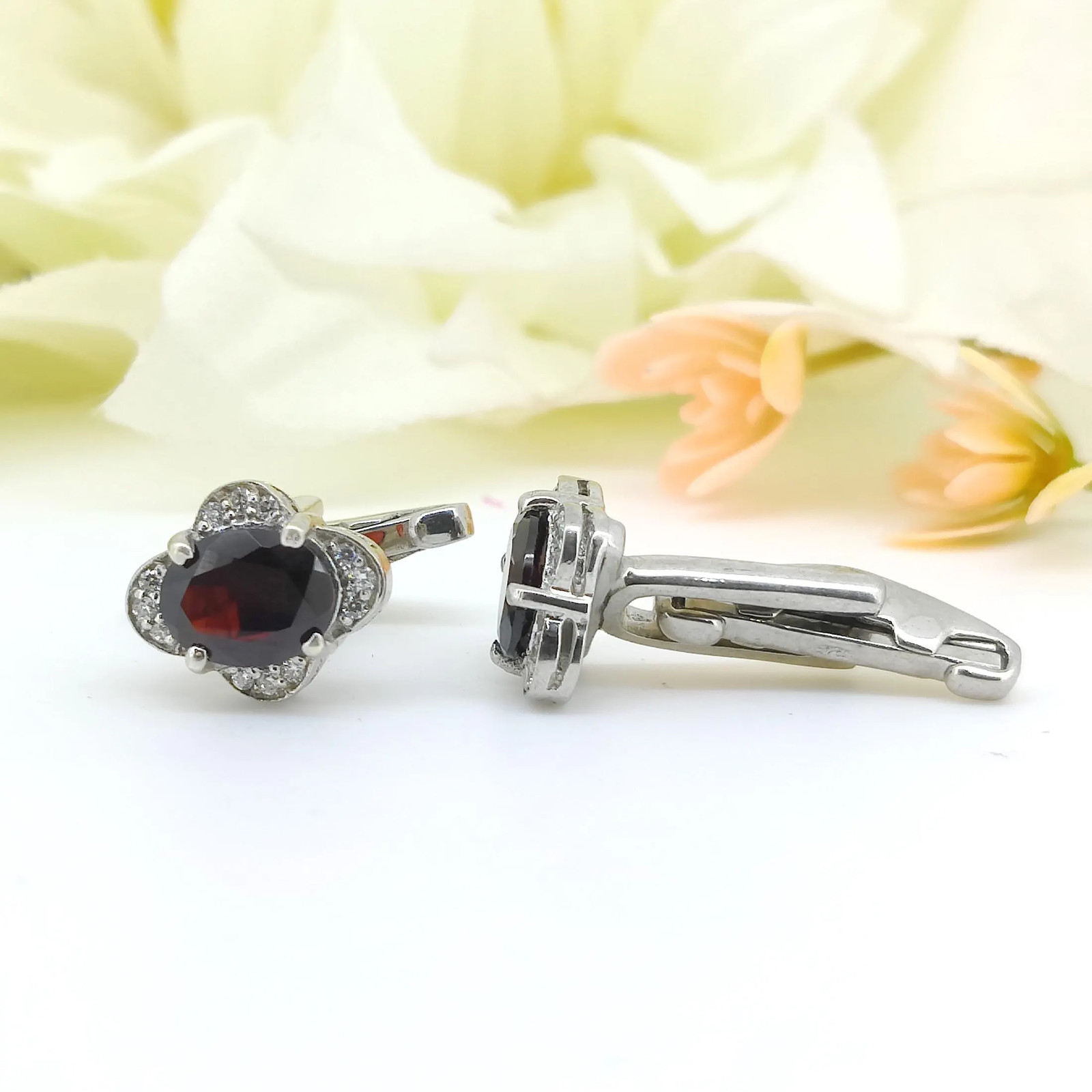 Garnet Sterling Silver Cufflinks, January Birthstone,Oval Gemstone Men’s Jewelry