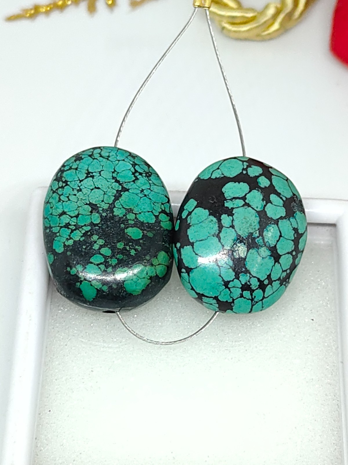 Tibetan Turquoise Oval Beads -Natural Handmade Polished Jewelry Making (2 Beads)