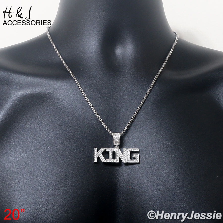 18″-36″MEN Stainless Steel 3mm Silver Box Chain ICY 3D King letter Pendant*AP148